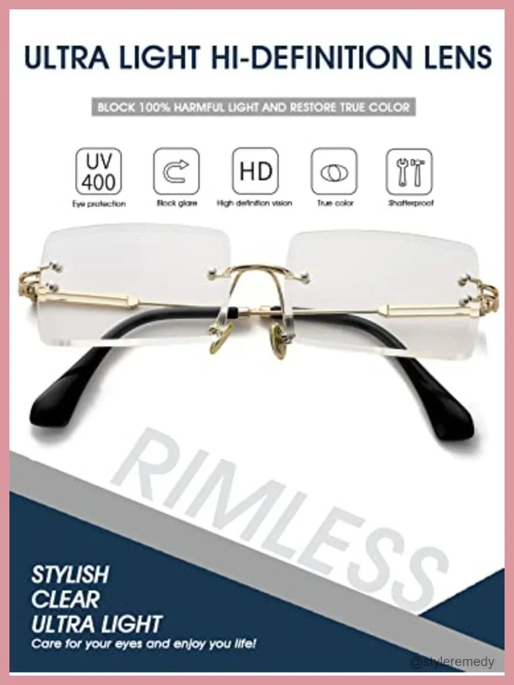 Rimless Square Sunglasses with UV400 Protection for Women